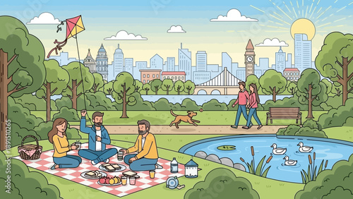City Park Picnic: People Enjoying Sunny Day with Kite, Ducks, and Skyline