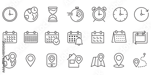 Calendar, time, clock, address, location icon set. Icons for schedule, date, reminder, adress, invitation, event, business
