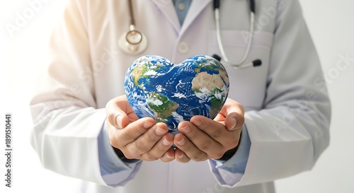 World health day background with doctor holding globe heart