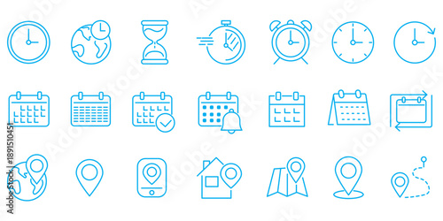 Calendar, time, clock, address, location icon set. Icons for schedule, date, reminder, adress, invitation, event, business