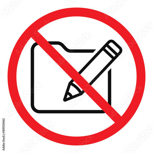 No edit folder or rename sign. Prohibited pencil and directory icon in red circle. Vector illustration of restricted file modification and forbidden administrative access warning.