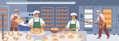 Bakery factory people. Cartoon professional bakers form dough, bake bread in oven, food industry, flour products on kitchen, chef team in commercial bakehouse working, garish vector concept