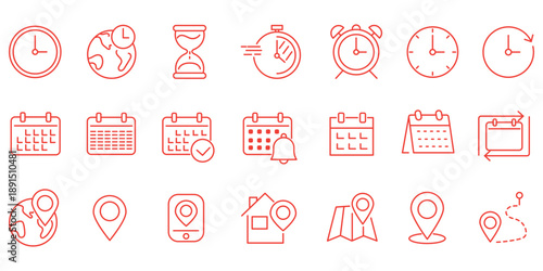 Calendar, time, clock, address, location icon set. Icons for schedule, date, reminder, adress, invitation, event, business