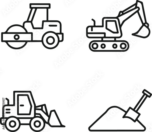 Construction equipment line art roller excavator loader and shovel