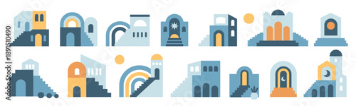 Architecture boho elements. Urban mini night compositions, contemporary building elements, blue stairs, city walls and arches, geometric bohemian shapes, garish vector flat style isolated set