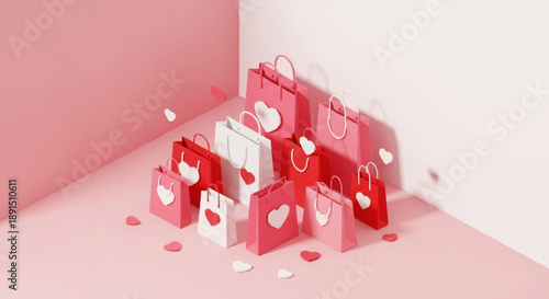 Valentine's Day shopping bags with hearts in a pink room.