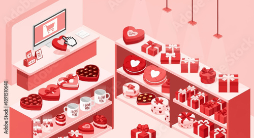 Online shopping store with gift boxes and chocolates on shelves.
