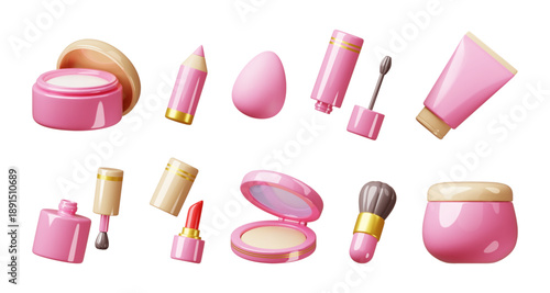 3d beauty makeup icons. Cartoon rendering style glossy decorative cosmetics, beauty products, foundation cream, powder, lipstick and mascara, clean pink packaging assortment classy vector set