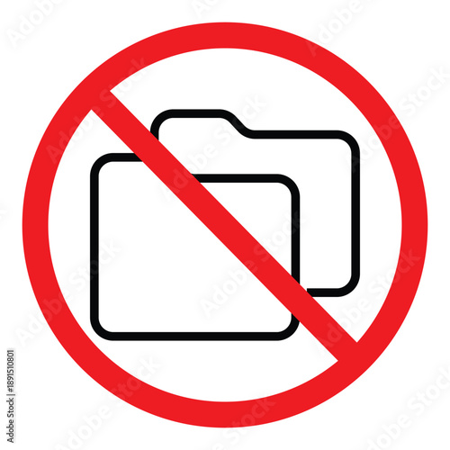 No duplicate folder or copying sign. Prohibited double directory icon in red circle. Vector illustration of restricted file duplication and forbidden storage of multiple documents.