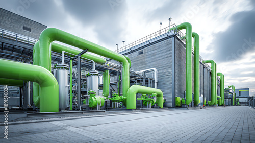 A modern industrial complex featuring vibrant green pipes and large structures under a dramatic sky.