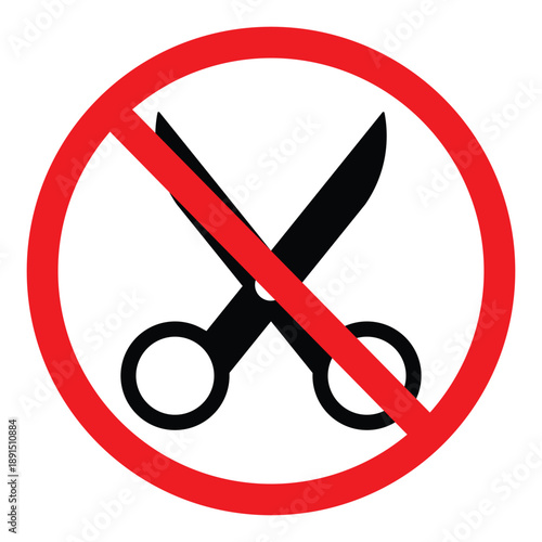 No scissors or cutting sign. Prohibited sharp tool icon in red circle with horizontal strike. Vector illustration of restricted trimming and forbidden editing or tailoring activity.