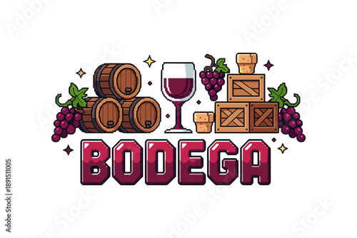 Retro bodega design with wine, barrels, grapes, and corks