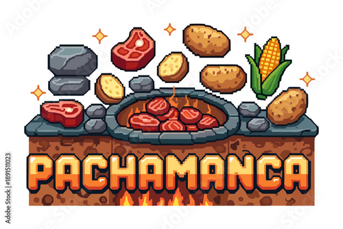 Pachamanca traditional peruvian dish in retro pixel art style