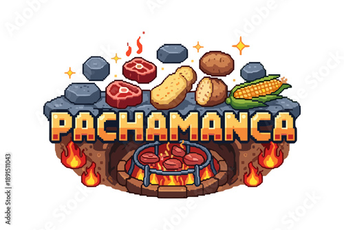 Pixel art pachamanca with meat, potatoes, and corn on stone oven