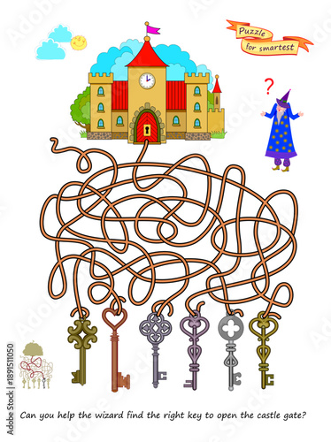 Best labyrinths. Can you help the wizard find the right key to open the castle gate? Logic puzzle game. Brain teaser book. Educational page. Kids activity sheet. Hand drawn vector illustration.