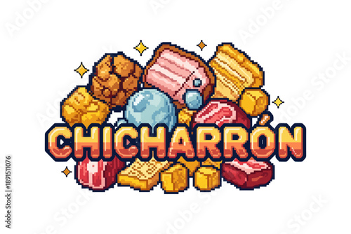 Retro pixel art chicharrón with assorted snacks and sparkles