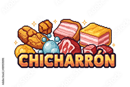 Retro pixel art chicharrón: crispy pork and meat delights