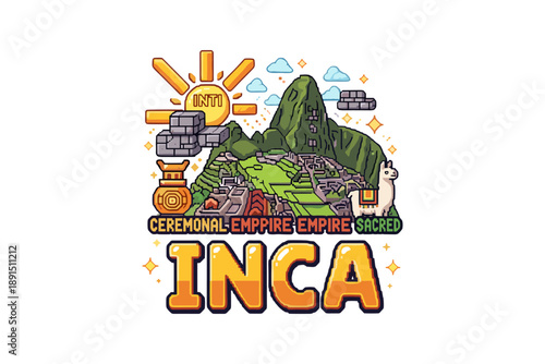 Cartoon inca civilization with machu picchu, sun god inti, and llama