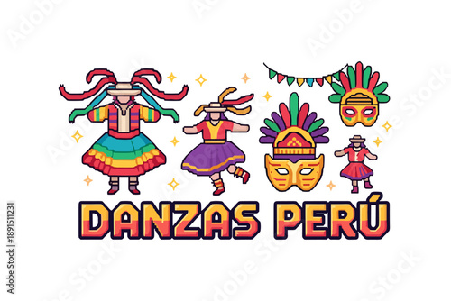 Colorful peruvian dance costumes and masks in flat cartoon style