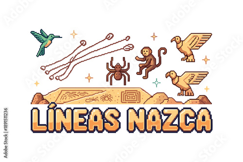 Nazca lines pixel art with iconic animal figures and hummingbird