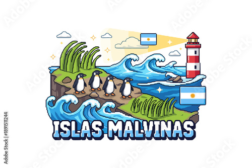 Wallpaper Mural Penguins and lighthouse on islas malvinas with ocean waves and flags Torontodigital.ca