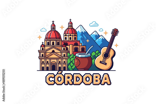Colorful córdoba landmark montage with cathedral, guitar, and mountains