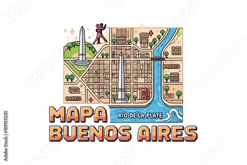 Illustrated map of buenos aires featuring notable landmarks and districts