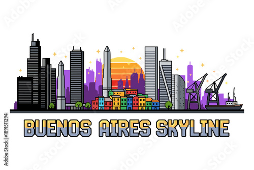 Colorful buenos aires skyline with modern buildings and iconic landmarks