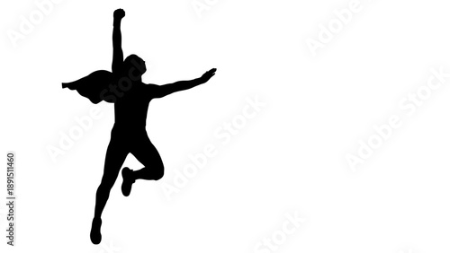 Silhouette of a superhero in flight with cape blowing in wind.