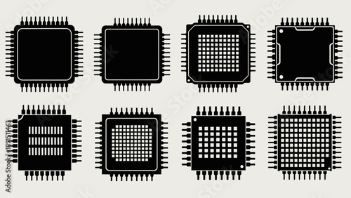Collection of Black Microchip Icons: Computer Processors, CPUs, and Integrated Circuits