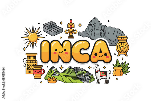 Colorful inca icons with machu picchu and llama in cute cartoon style