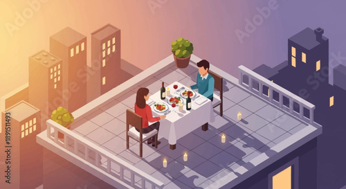 Couple having dinner on a rooftop with cityscape view at sunset.