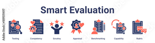 Smart Evaluation banner web icon vector illustration concept for education with icon of Testing, Competency, Scrutiny, Appraisal, Benchmarking, Capability.