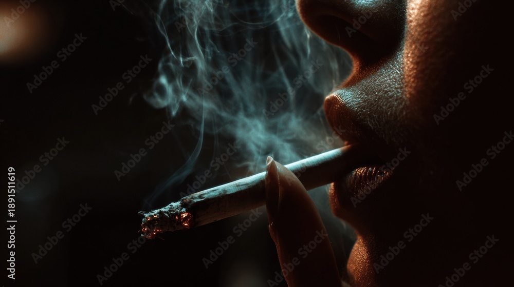 Fototapeta premium Person Smokes a Lit Cigarette as the Burning Ash Falls in a Dimly Lit Setting