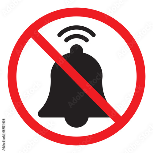 Silenced bell icon with a red strike-through circle. Vector sign representing "Do Not Disturb," muted notifications, or disabled alerts for apps and system interfaces.