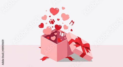 Pink gift box overflowing with hearts and ribbons on a soft pastel background.
