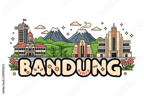 Colorful bandung cityscape with iconic landmarks and mountainous backdrop