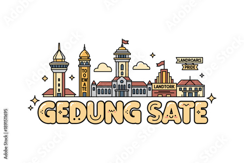 Colorful landmark illustration of iconic indonesian architecture with gedung sate