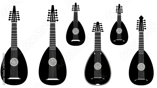 Collection of Black Silhouettes of Vintage String Musical Instruments
