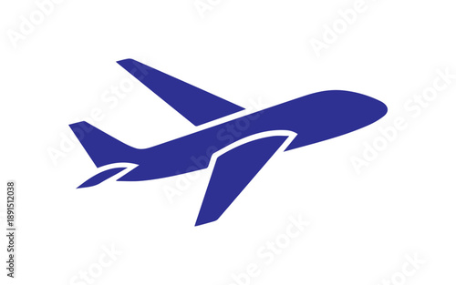 A dark blue silhouette icon of a passenger jet taking off is isolated on a clean white background for design use.