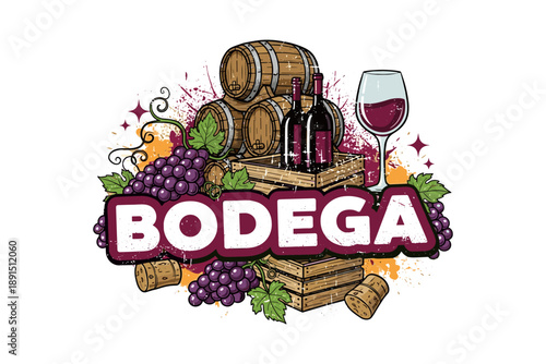 Rustic winery art: grapes, wine barrels, and bottles with bodega text