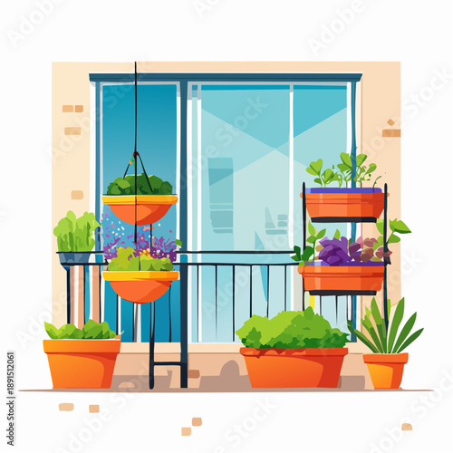 A balcony or rooftop garden with small vegetable pots, vertical gardens, and composting bins