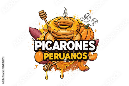 Colorful peruvian picarones with sweet potatoes and honey dripping