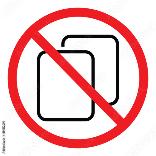 No copy icon with red prohibition circle. Vector illustration representing restricted duplication or no multiple files. High-quality graphic for digital copyright and data protection.