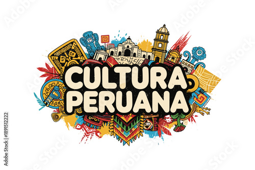Colorful celebration of peruvian culture with vibrant icons and text