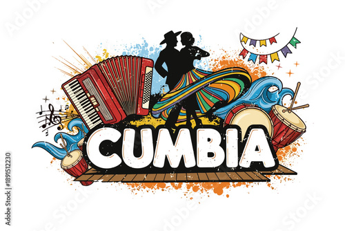 Vibrant cumbia dance celebration with musical instruments and festive elements