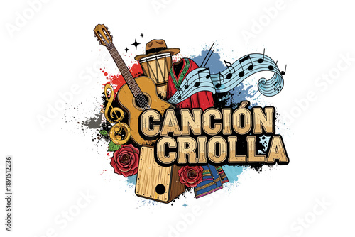 Vibrant peruvian music collage with instruments and traditional elements