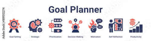 Goal Planner banner web icon vector illustration concept for education with icon of Goal Setting, Strategic, Prioritization, Decision Making, Motivation, Self Reflection.