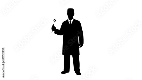 Silhouette of a man in a lab coat holding a wrench.
