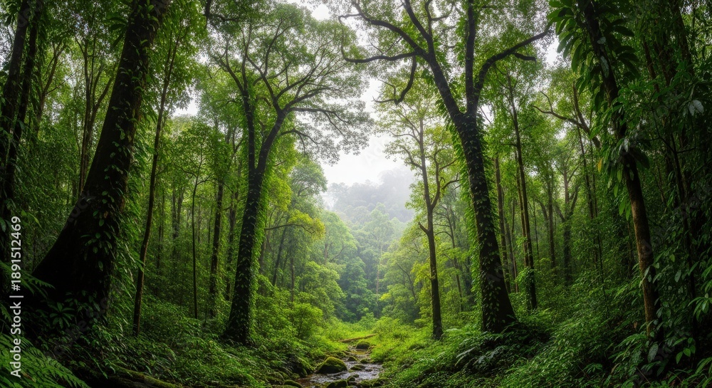 Fototapeta premium Lush Green Forest Path with Misty Canopy